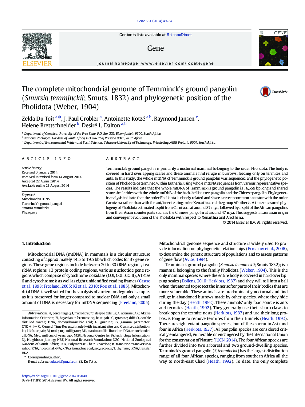 The complete mitochondrial genome of Temminck's ground pangolin (Smutsia temminckii; Smuts, 1832) and phylogenetic position of the Pholidota (Weber, 1904)