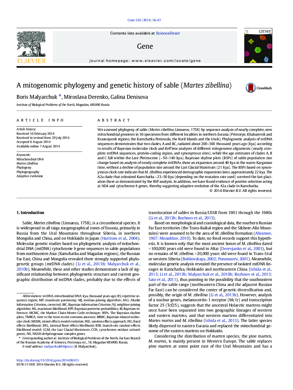 A mitogenomic phylogeny and genetic history of sable (Martes zibellina)