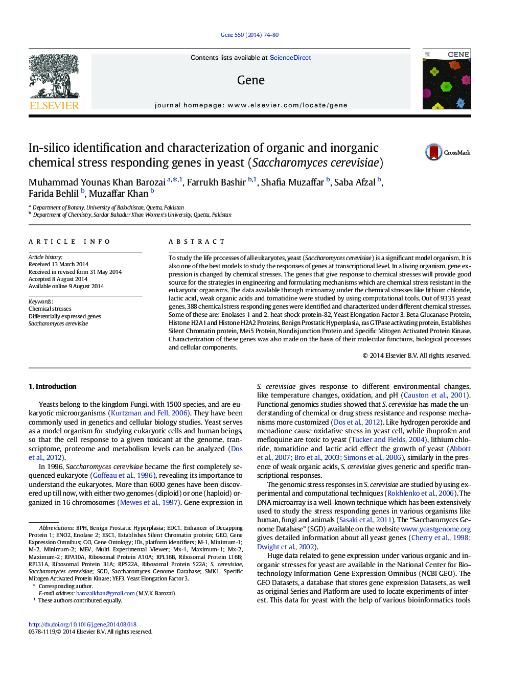 In-silico identification and characterization of organic and inorganic chemical stress responding genes in yeast (Saccharomyces cerevisiae)