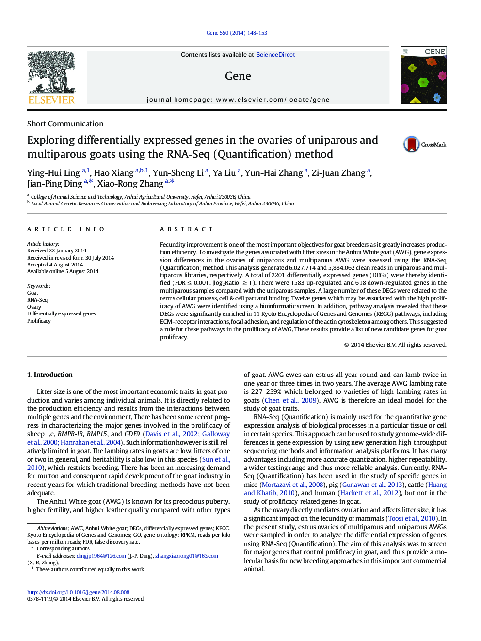 Exploring differentially expressed genes in the ovaries of uniparous and multiparous goats using the RNA-Seq (Quantification) method