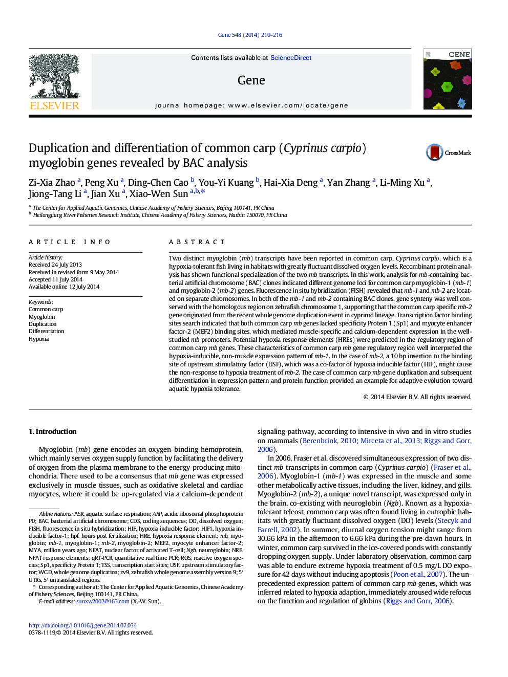 Duplication and differentiation of common carp (Cyprinus carpio) myoglobin genes revealed by BAC analysis