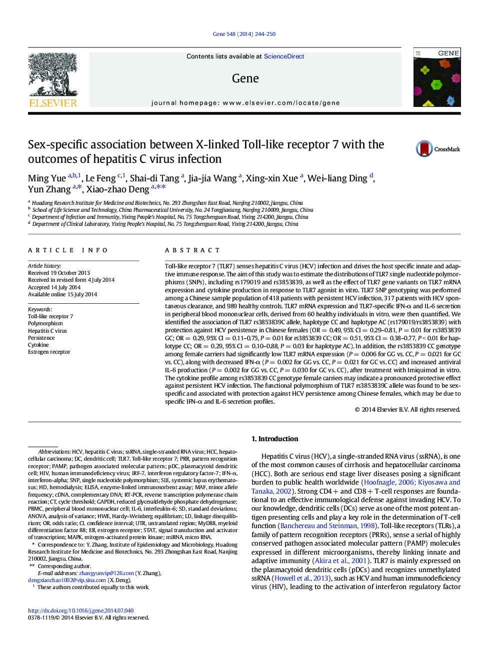 Sex-specific association between X-linked Toll-like receptor 7 with the outcomes of hepatitis C virus infection