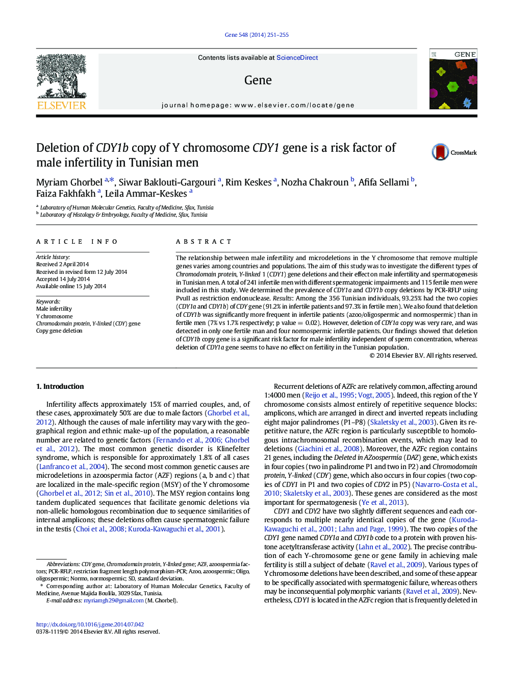 Deletion of CDY1b copy of Y chromosome CDY1 gene is a risk factor of male infertility in Tunisian men