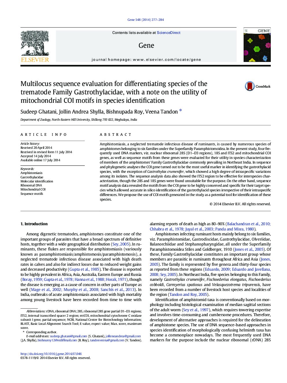 Multilocus sequence evaluation for differentiating species of the trematode Family Gastrothylacidae, with a note on the utility of mitochondrial COI motifs in species identification