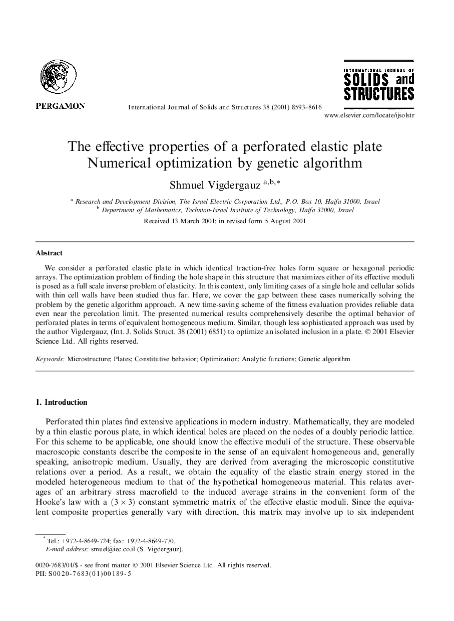 The effective properties of a perforated elastic plate Numerical optimization by genetic algorithm