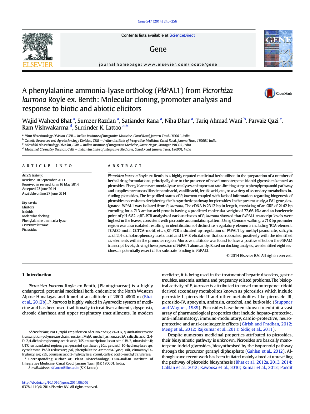 A phenylalanine ammonia-lyase ortholog (PkPAL1) from Picrorhiza kurrooa Royle ex. Benth: Molecular cloning, promoter analysis and response to biotic and abiotic elicitors