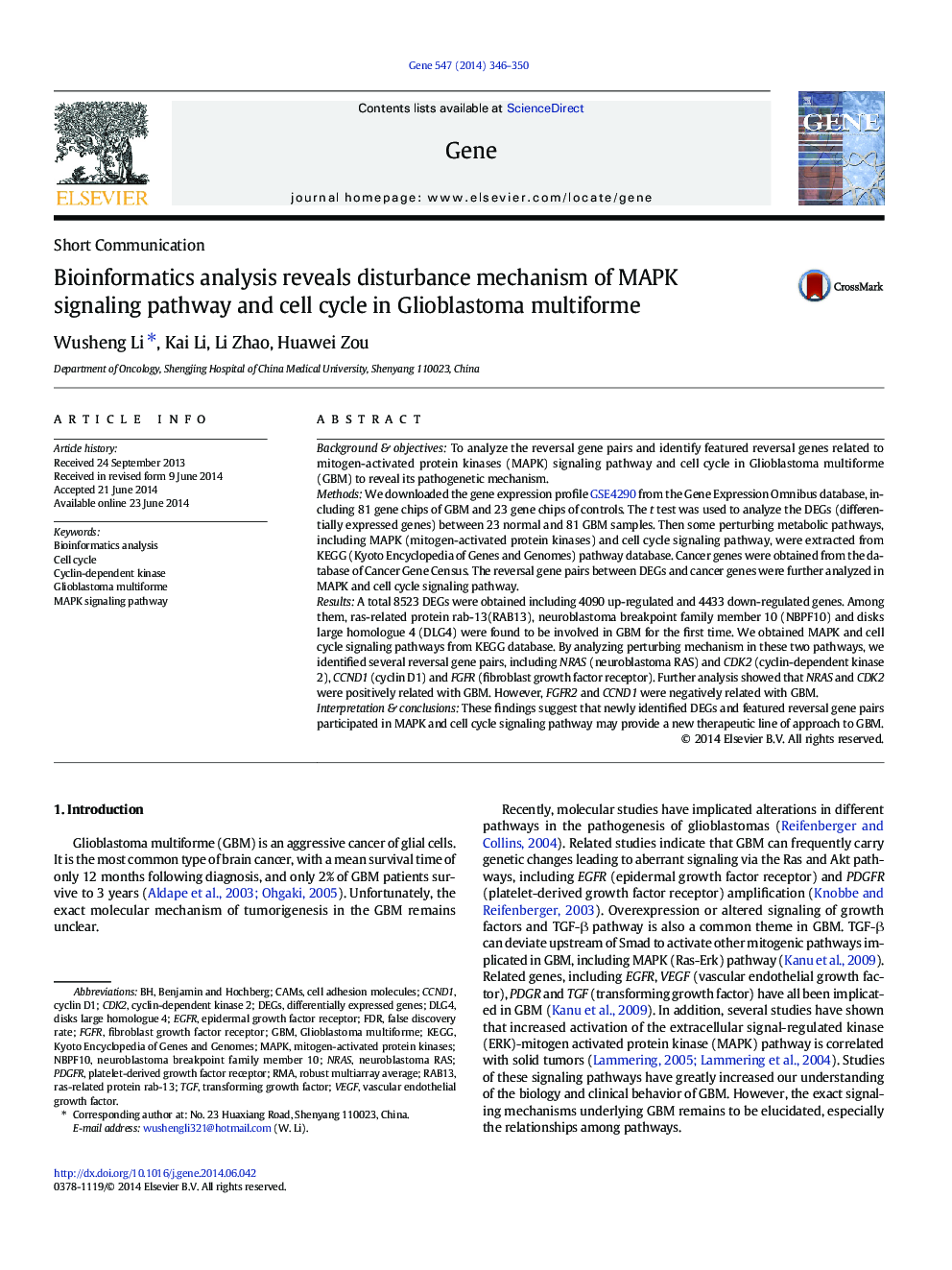 Bioinformatics analysis reveals disturbance mechanism of MAPK signaling pathway and cell cycle in Glioblastoma multiforme