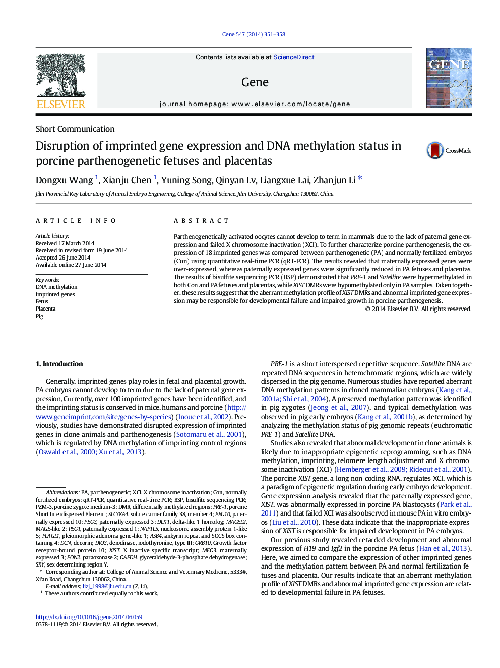 Disruption of imprinted gene expression and DNA methylation status in porcine parthenogenetic fetuses and placentas