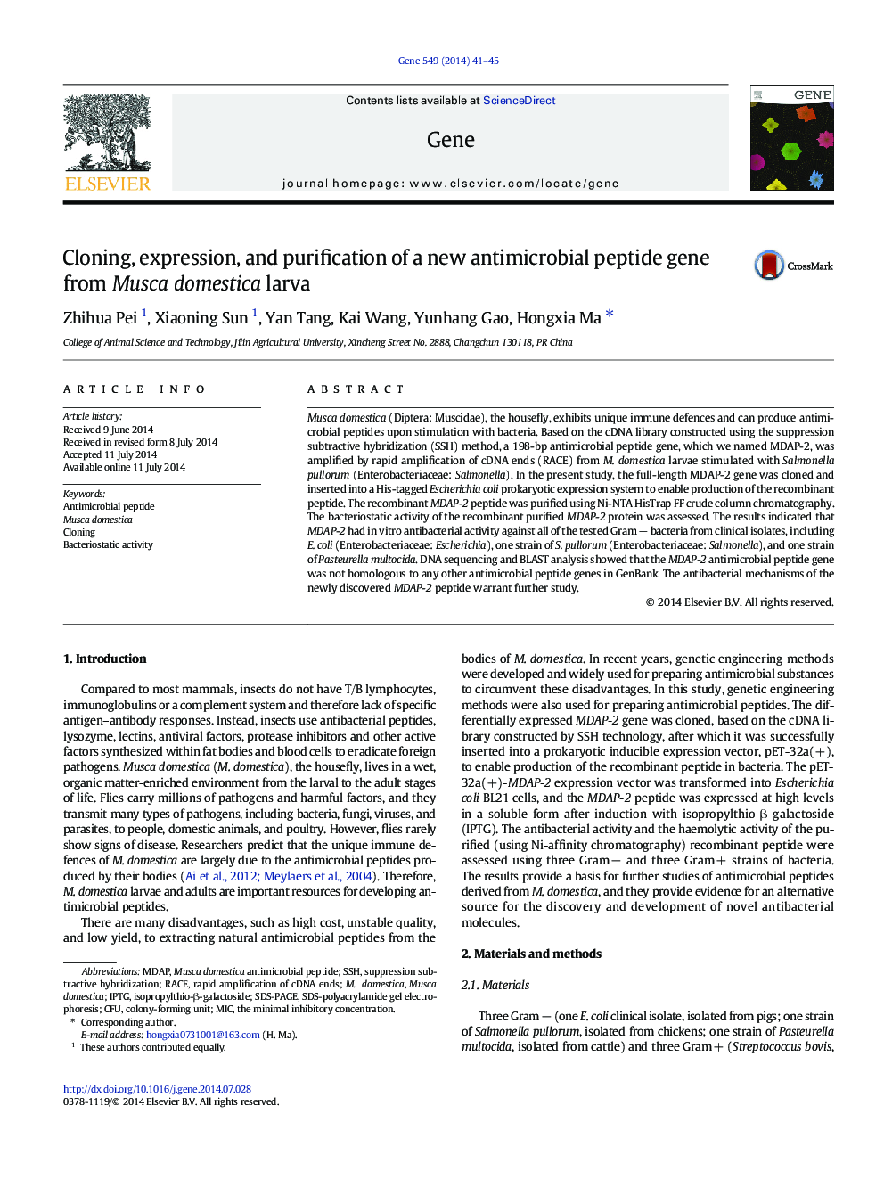 Cloning, expression, and purification of a new antimicrobial peptide gene from Musca domestica larva