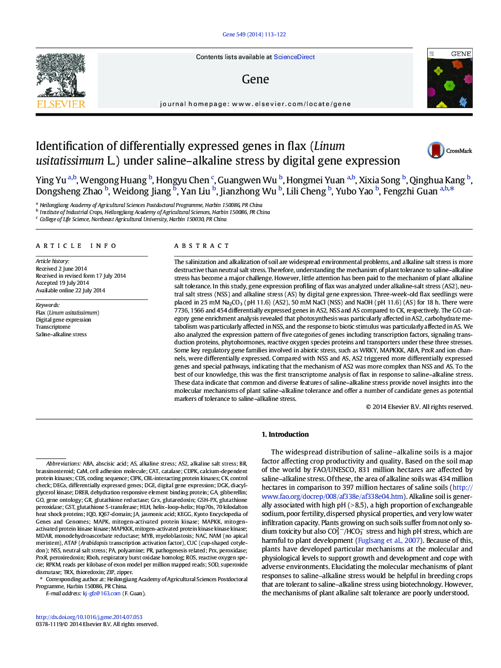 Identification of differentially expressed genes in flax (Linum usitatissimum L.) under saline–alkaline stress by digital gene expression