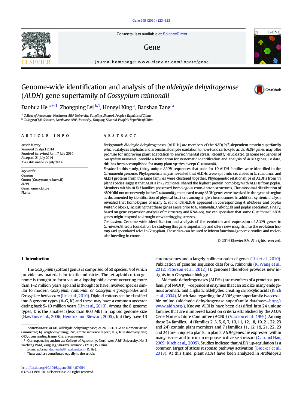 Genome-wide identification and analysis of the aldehyde dehydrogenase (ALDH) gene superfamily of Gossypium raimondii