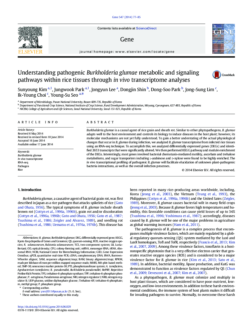 Understanding pathogenic Burkholderia glumae metabolic and signaling pathways within rice tissues through in vivo transcriptome analyses