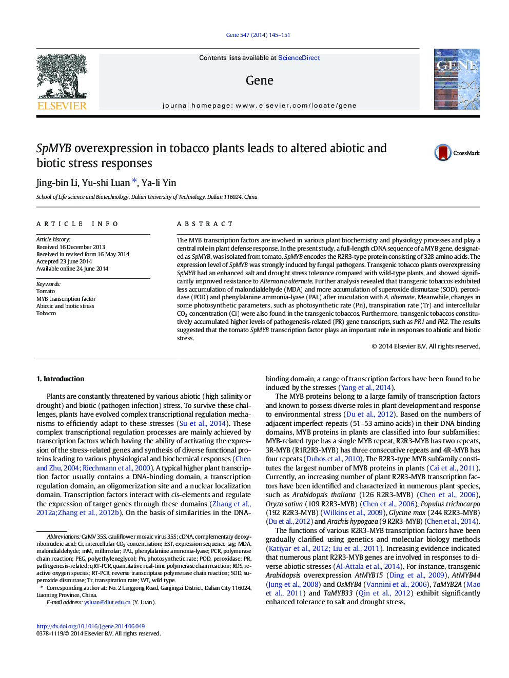 SpMYB overexpression in tobacco plants leads to altered abiotic and biotic stress responses