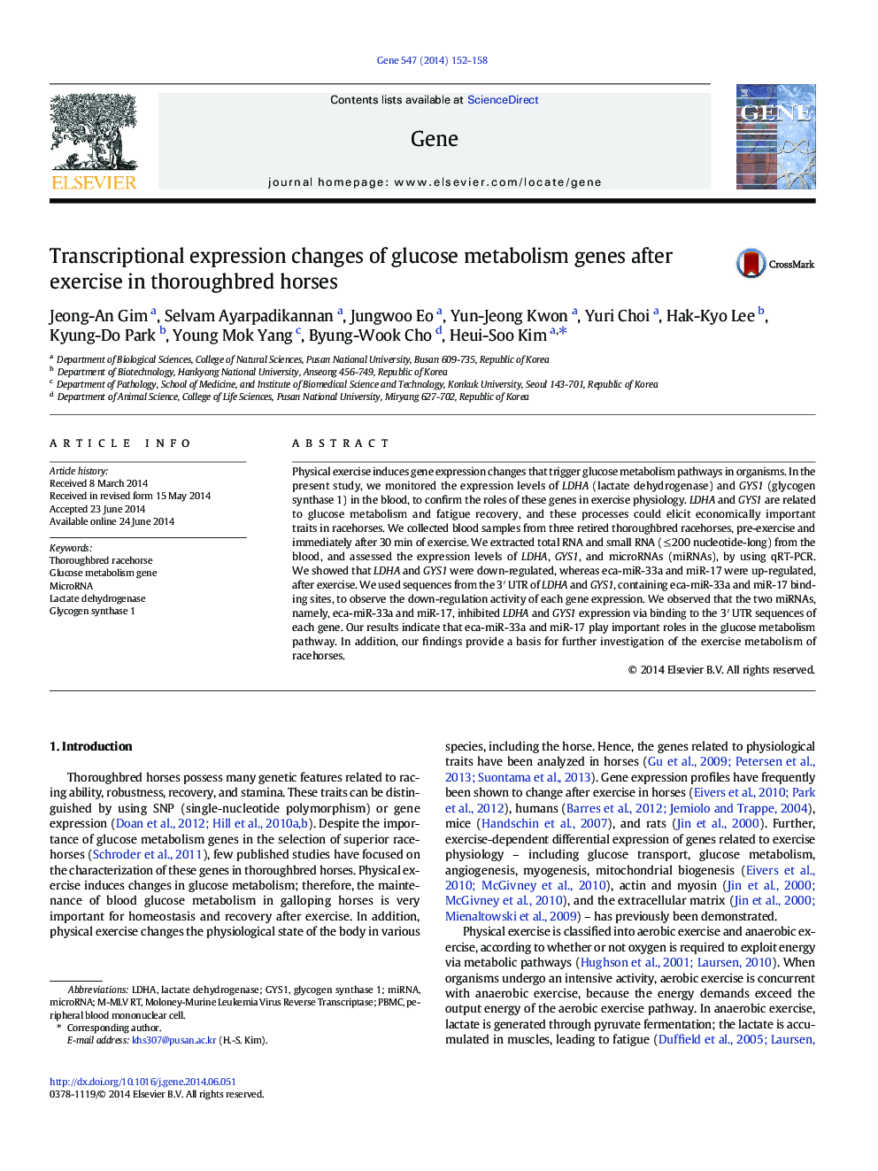 Transcriptional expression changes of glucose metabolism genes after exercise in thoroughbred horses