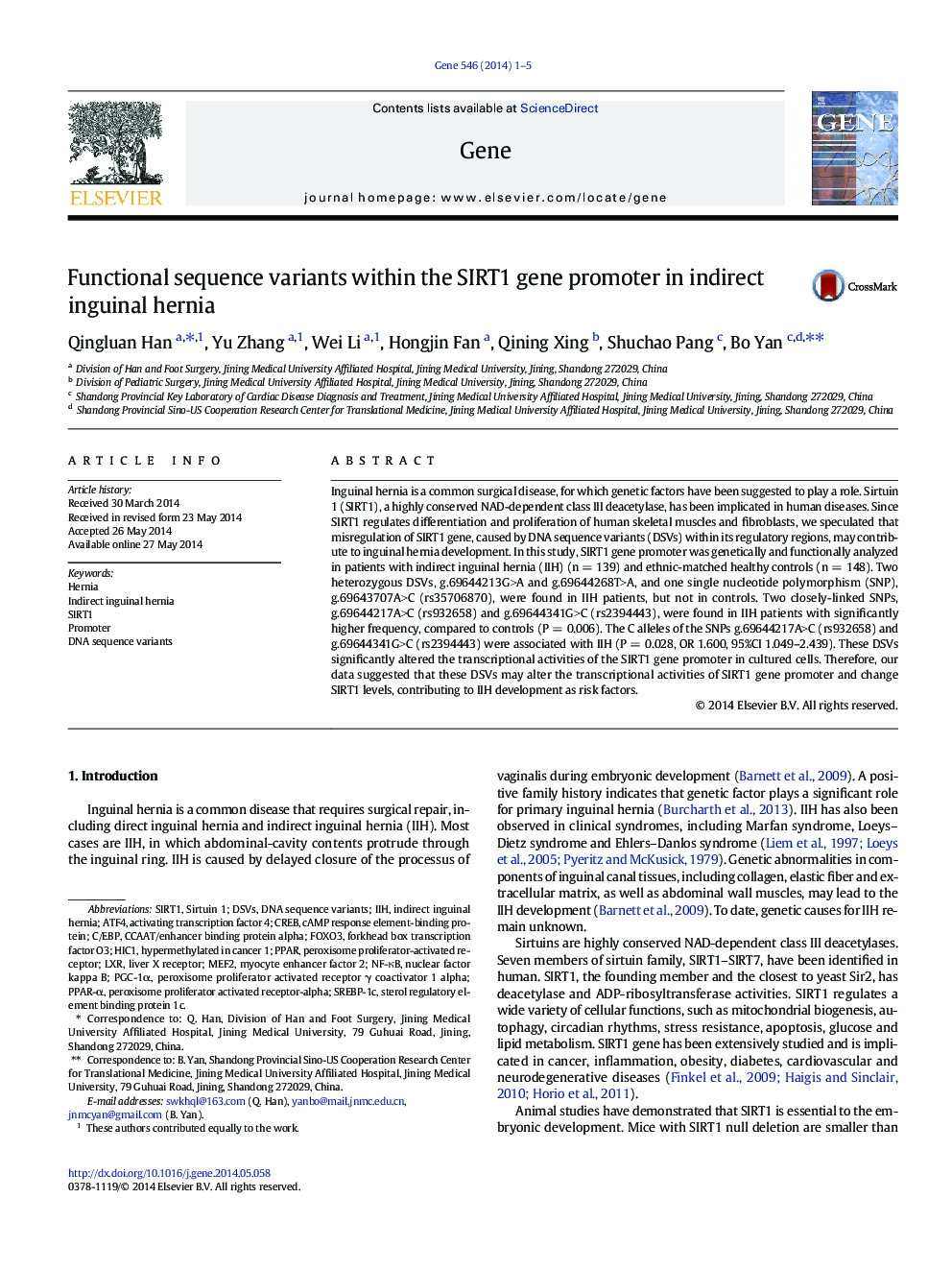 Functional sequence variants within the SIRT1 gene promoter in indirect inguinal hernia