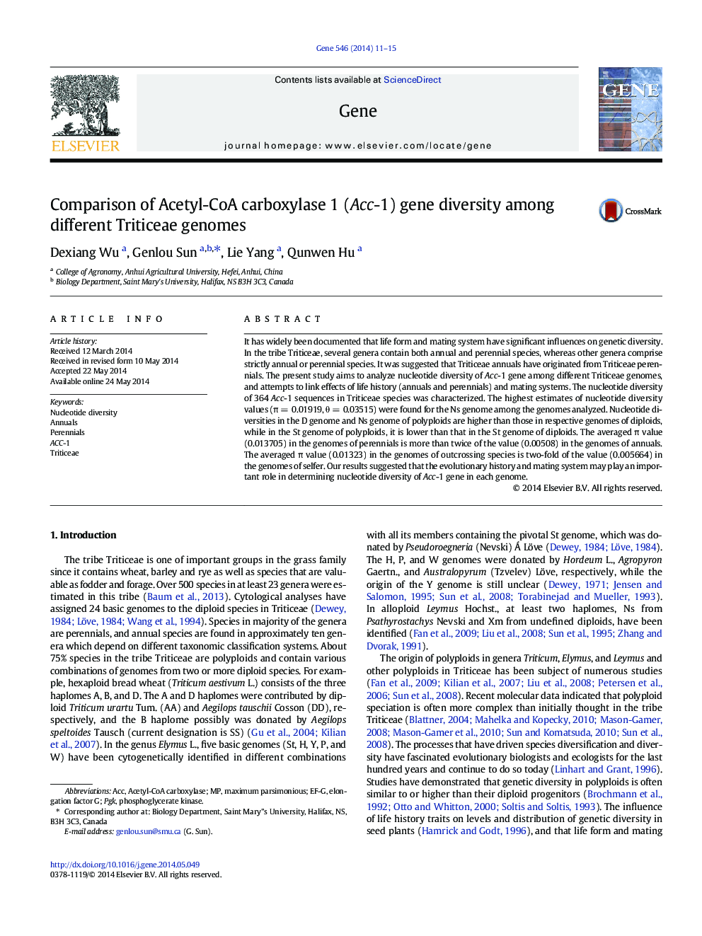 Comparison of Acetyl-CoA carboxylase 1 (Acc-1) gene diversity among different Triticeae genomes