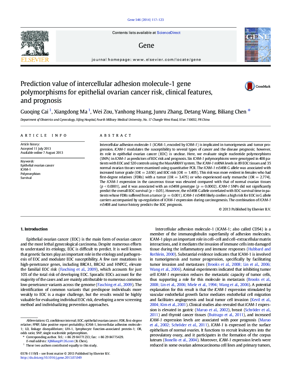 Prediction value of intercellular adhesion molecule-1 gene polymorphisms for epithelial ovarian cancer risk, clinical features, and prognosis