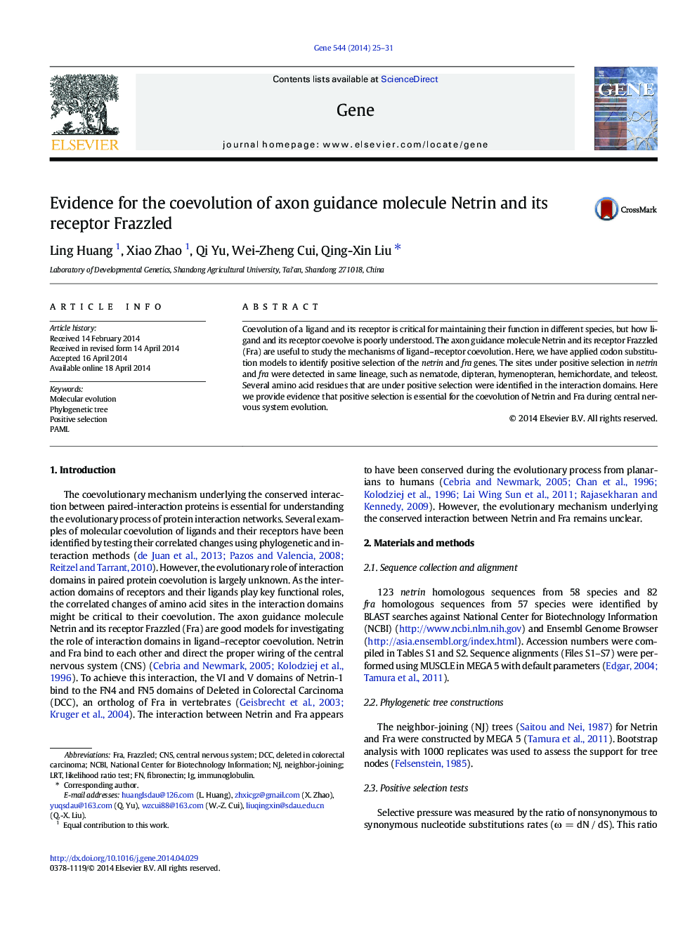 Evidence for the coevolution of axon guidance molecule Netrin and its receptor Frazzled