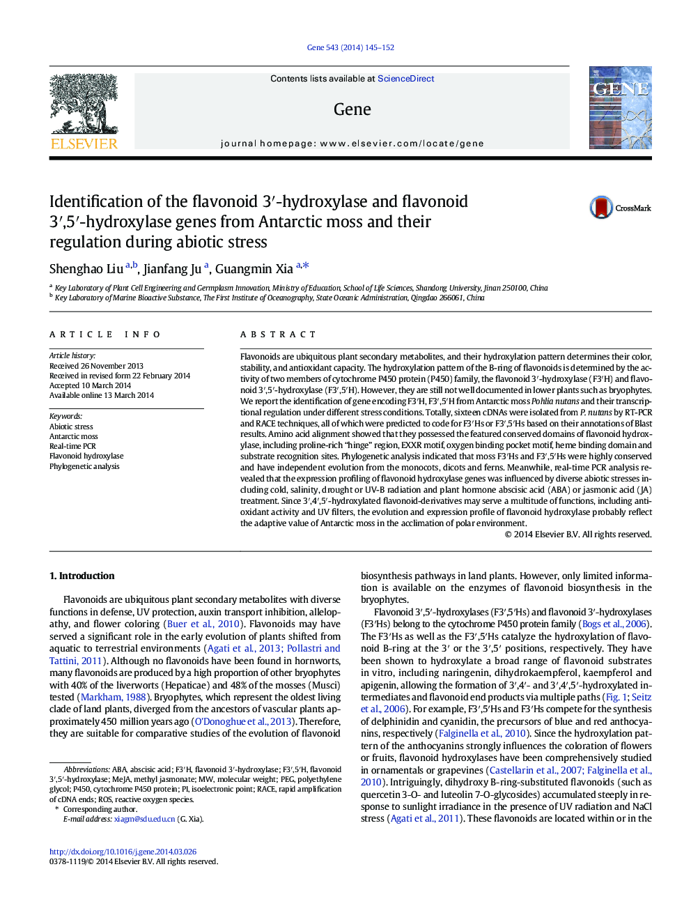 Identification of the flavonoid 3′-hydroxylase and flavonoid 3′,5′-hydroxylase genes from Antarctic moss and their regulation during abiotic stress