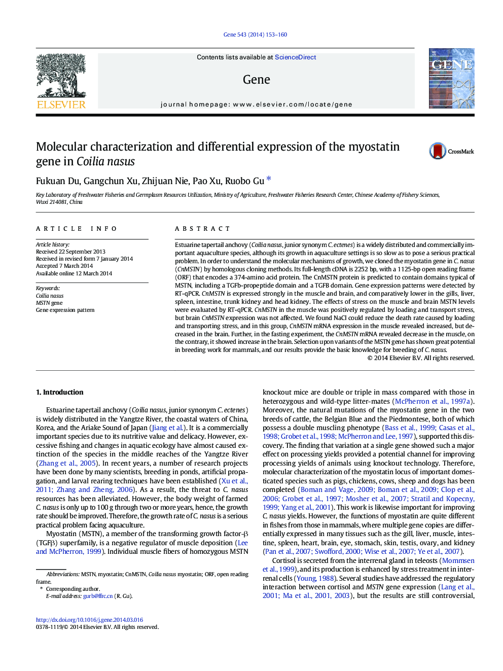 Molecular characterization and differential expression of the myostatin gene in Coilia nasus