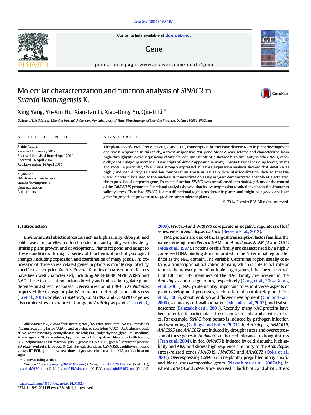 Molecular characterization and function analysis of SlNAC2 in Suaeda liaotungensis K.