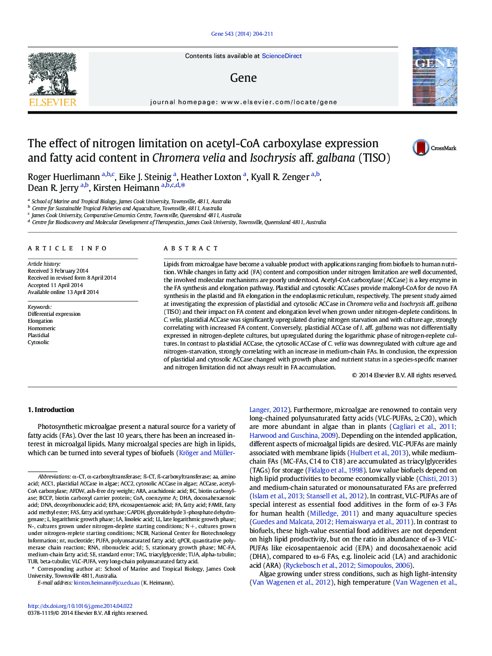 The effect of nitrogen limitation on acetyl-CoA carboxylase expression and fatty acid content in Chromera velia and Isochrysis aff. galbana (TISO)