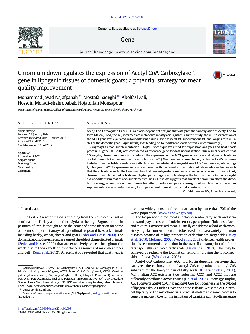 Chromium downregulates the expression of Acetyl CoA Carboxylase 1 gene in lipogenic tissues of domestic goats: a potential strategy for meat quality improvement