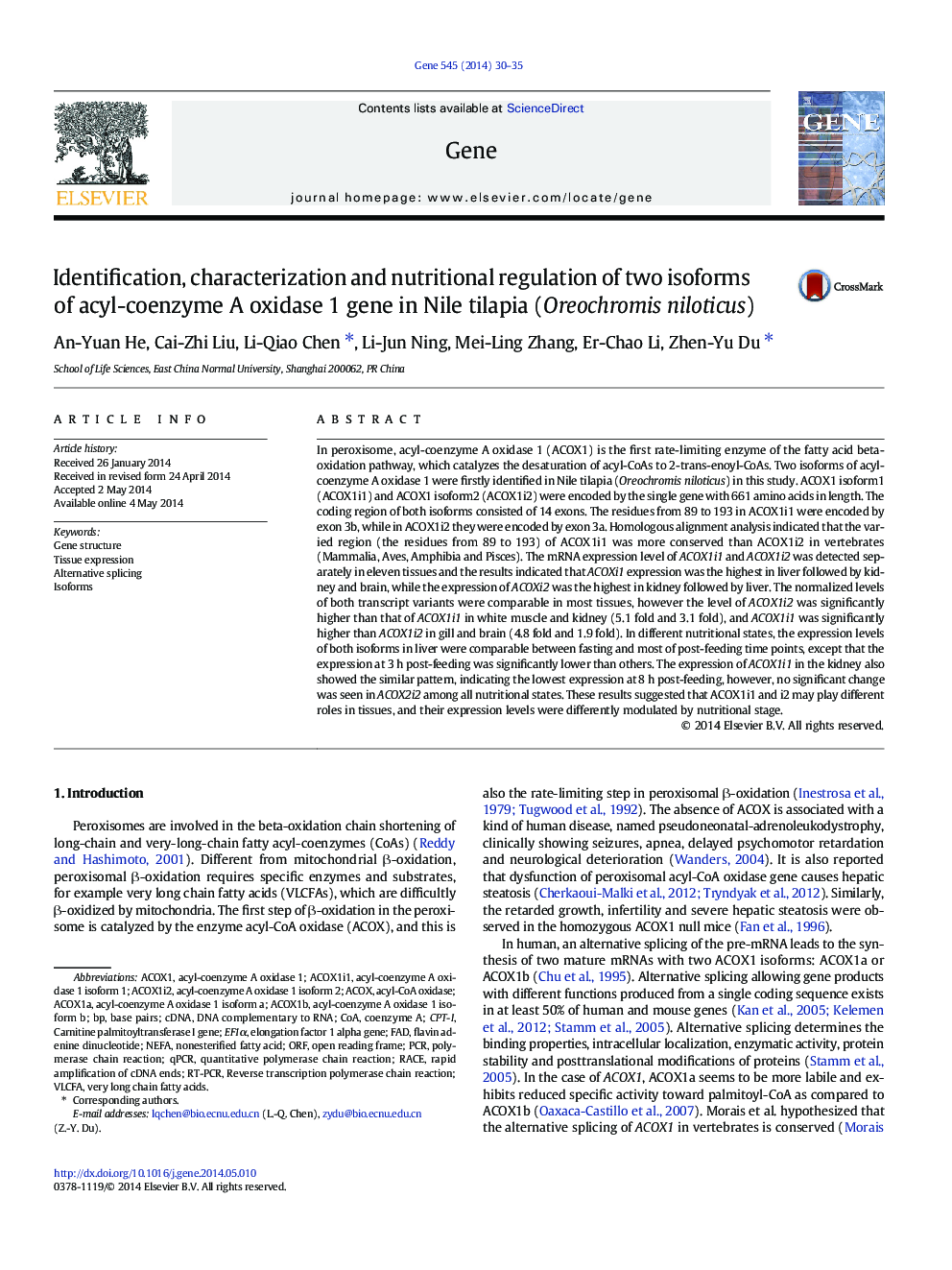 Identification, characterization and nutritional regulation of two isoforms of acyl-coenzyme A oxidase 1 gene in Nile tilapia (Oreochromis niloticus)