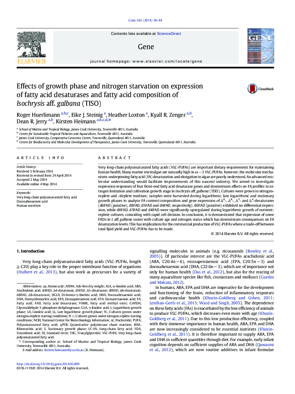 Effects of growth phase and nitrogen starvation on expression of fatty acid desaturases and fatty acid composition of Isochrysis aff. galbana (TISO)