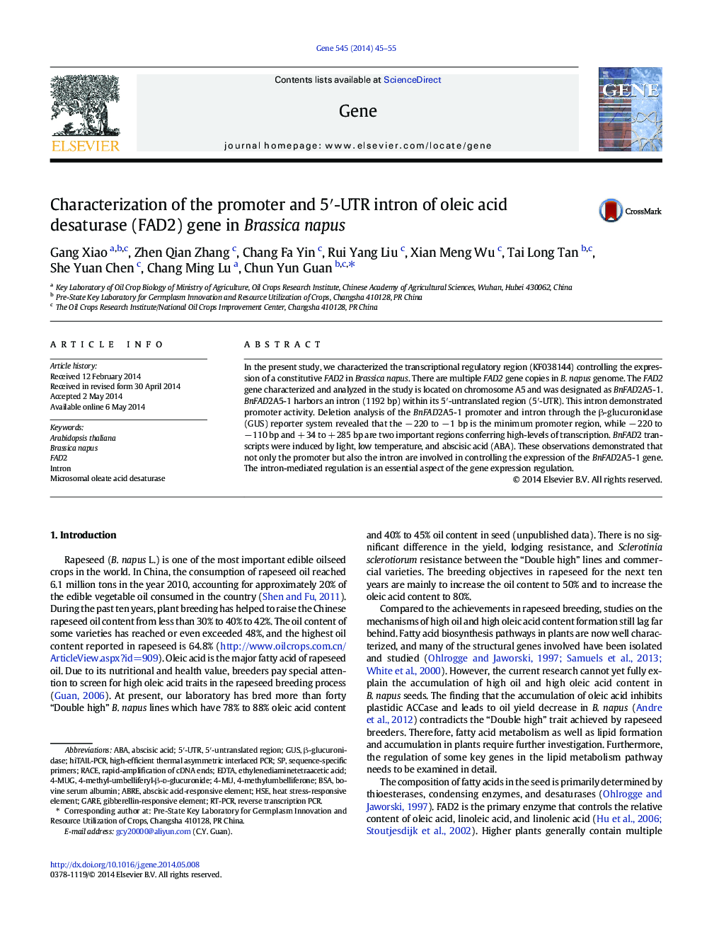 Characterization of the promoter and 5′-UTR intron of oleic acid desaturase (FAD2) gene in Brassica napus