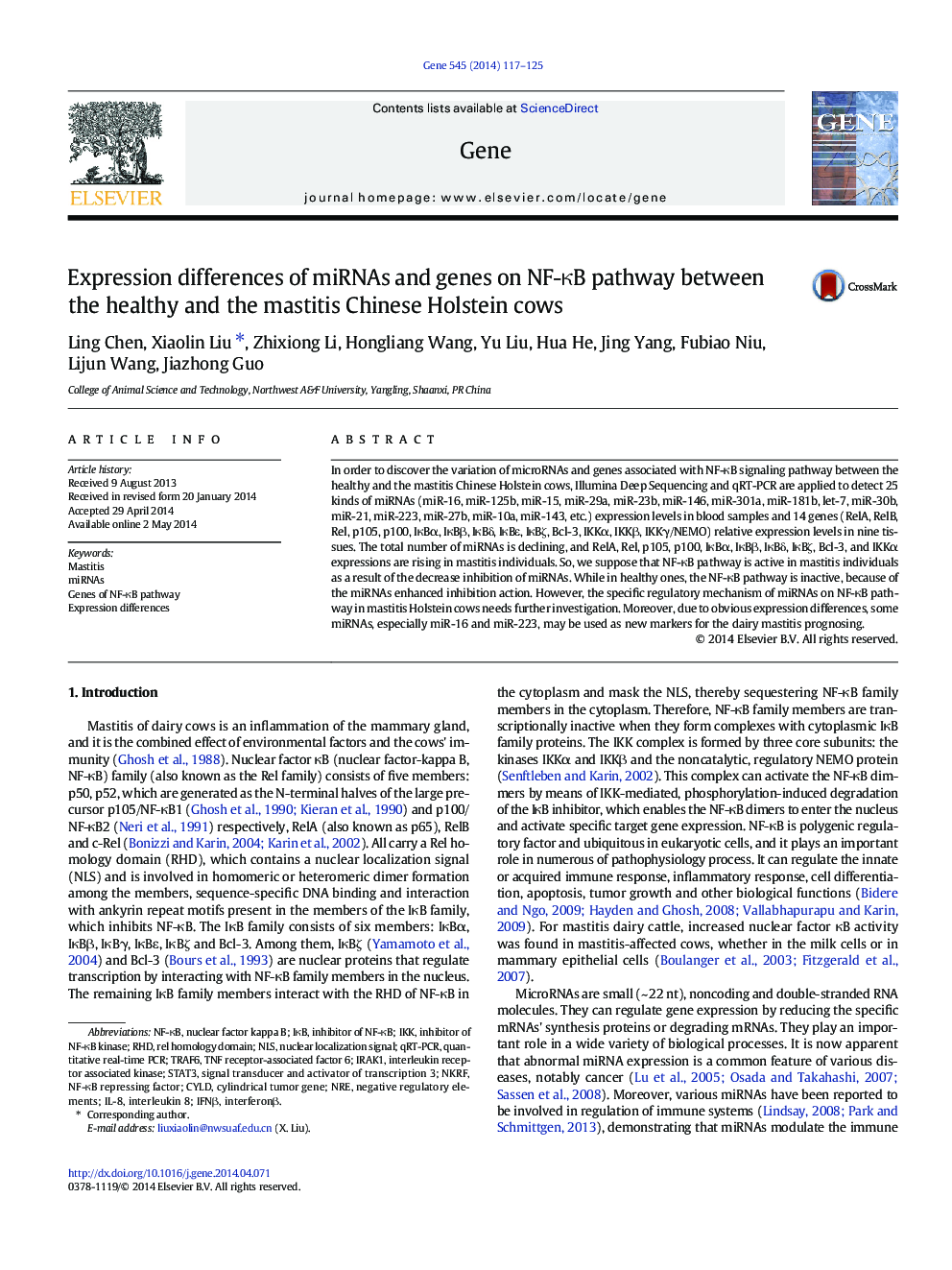 Expression differences of miRNAs and genes on NF-κB pathway between the healthy and the mastitis Chinese Holstein cows