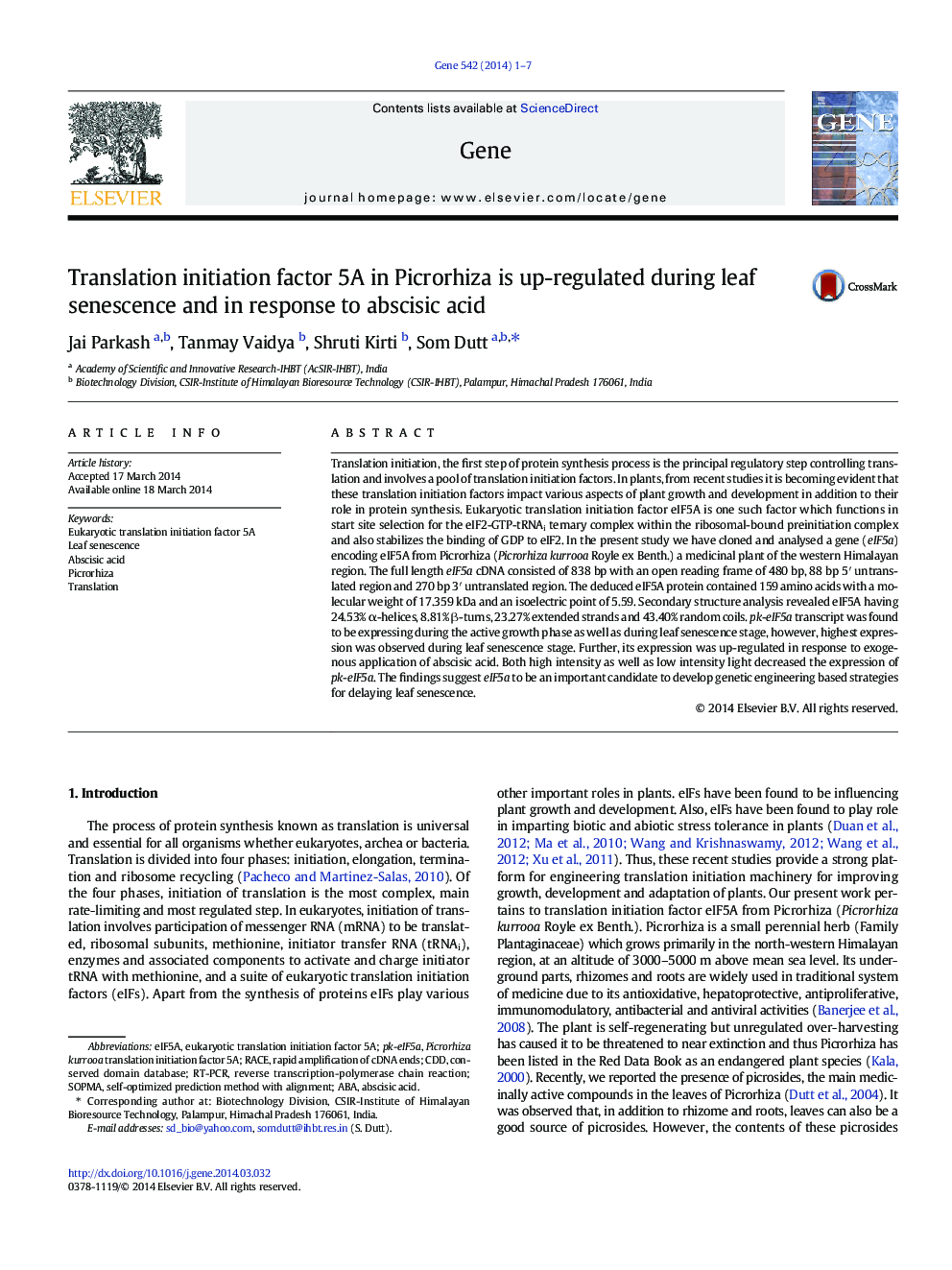 Translation initiation factor 5A in Picrorhiza is up-regulated during leaf senescence and in response to abscisic acid