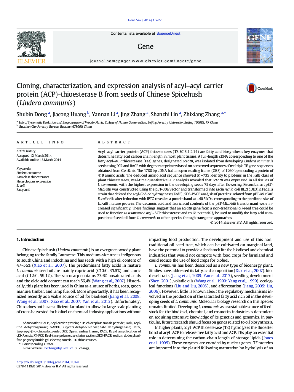 Cloning, characterization, and expression analysis of acyl–acyl carrier protein (ACP)-thioesterase B from seeds of Chinese Spicehush (Lindera communis)