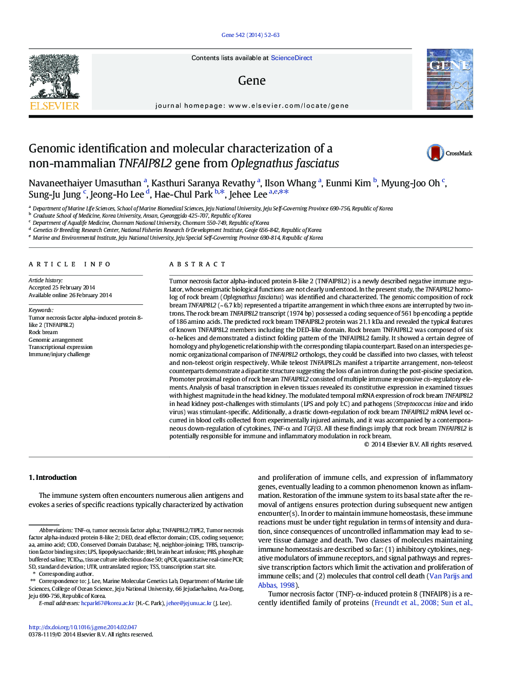 Genomic identification and molecular characterization of a non-mammalian TNFAIP8L2 gene from Oplegnathus fasciatus