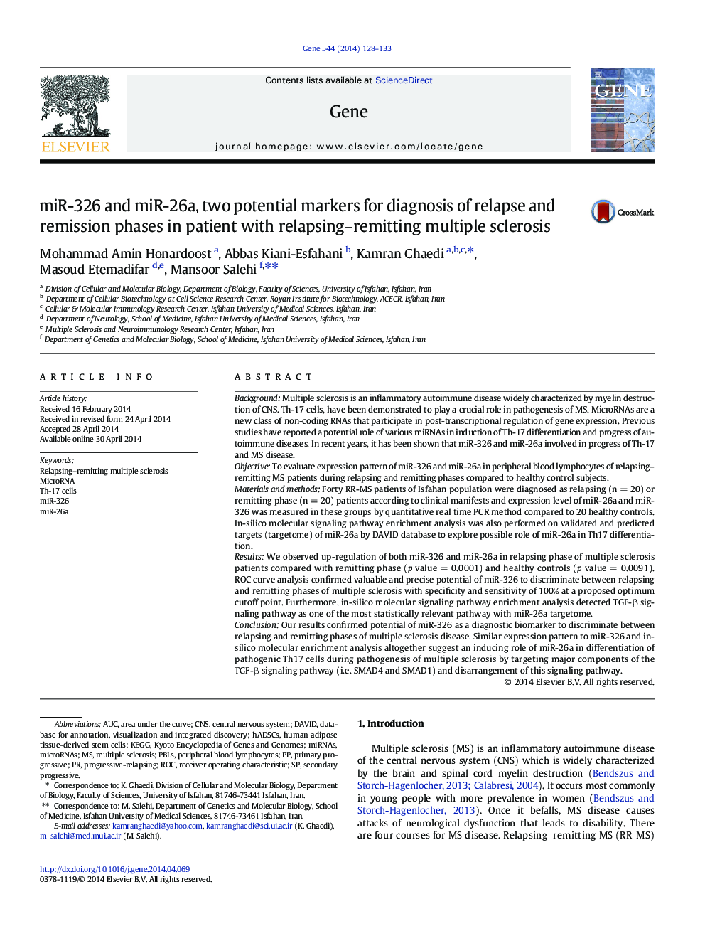 miR-326 and miR-26a, two potential markers for diagnosis of relapse and remission phases in patient with relapsing-remitting multiple sclerosis