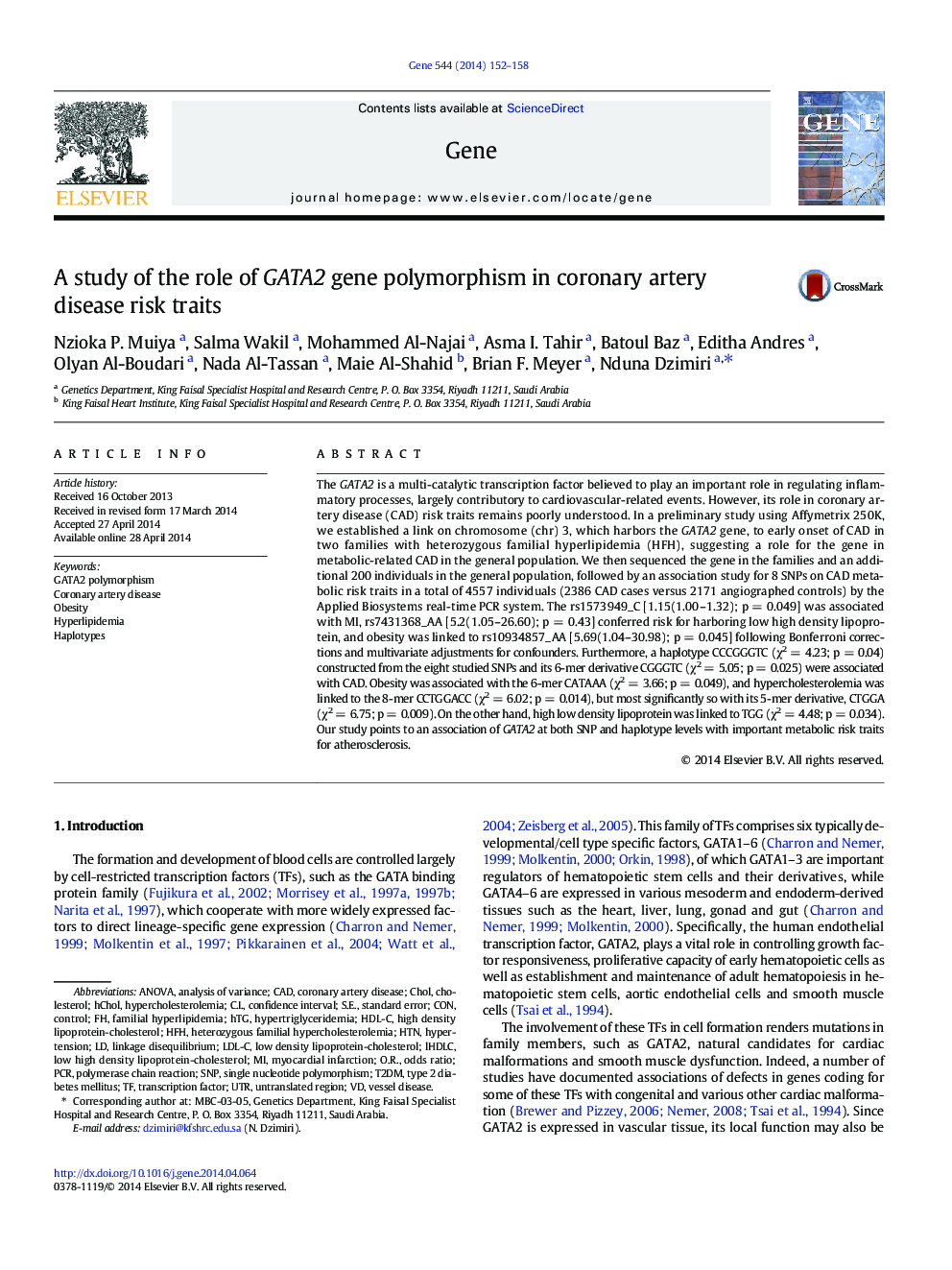 A study of the role of GATA2 gene polymorphism in coronary artery disease risk traits