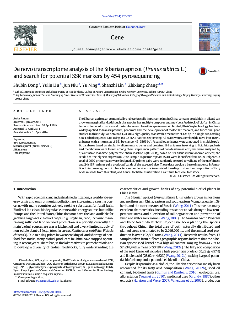 De novo transcriptome analysis of the Siberian apricot (Prunus sibirica L.) and search for potential SSR markers by 454 pyrosequencing