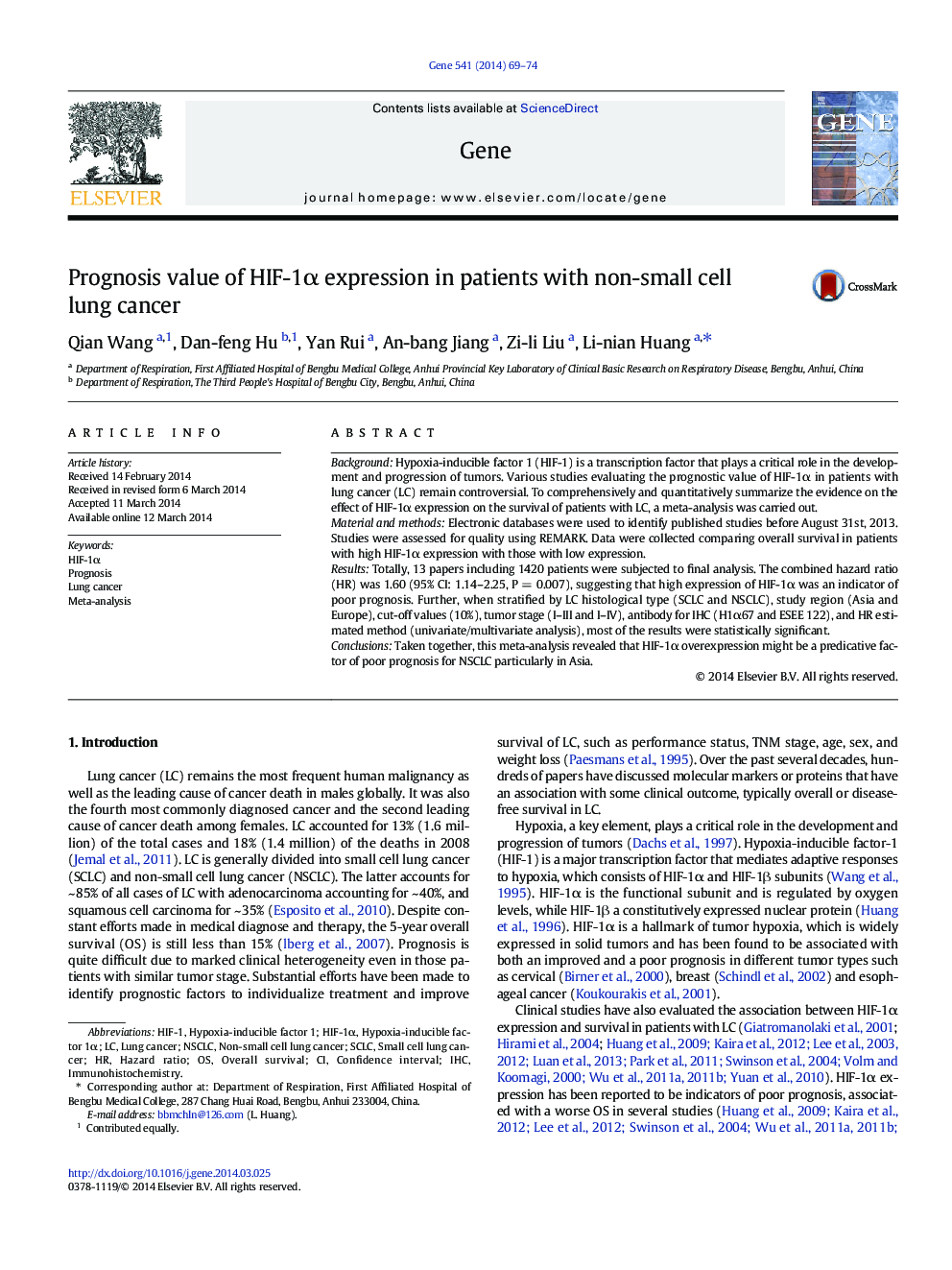 Prognosis value of HIF-1α expression in patients with non-small cell lung cancer