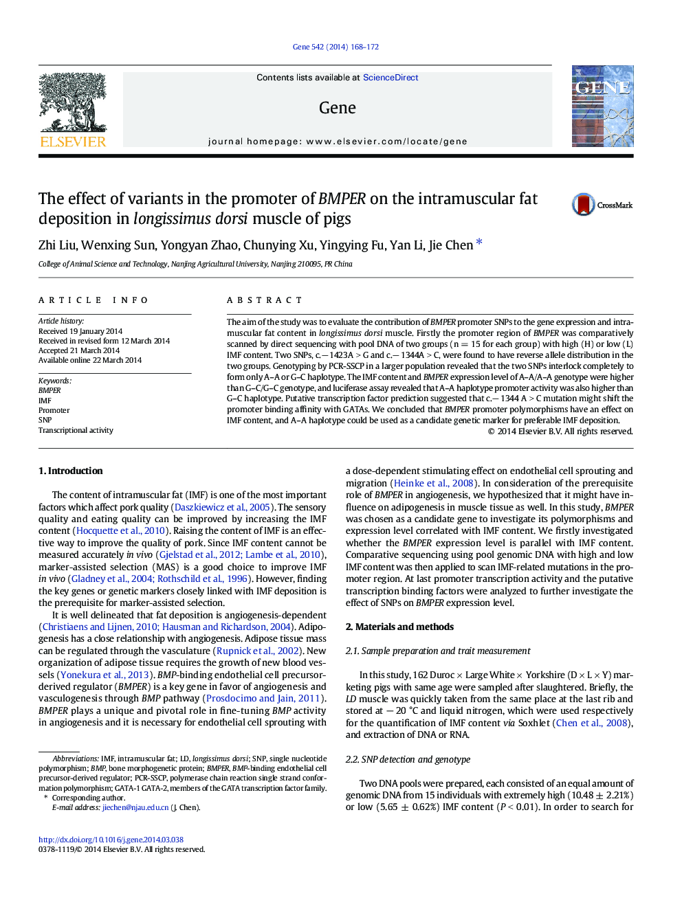 The effect of variants in the promoter of BMPER on the intramuscular fat deposition in longissimus dorsi muscle of pigs