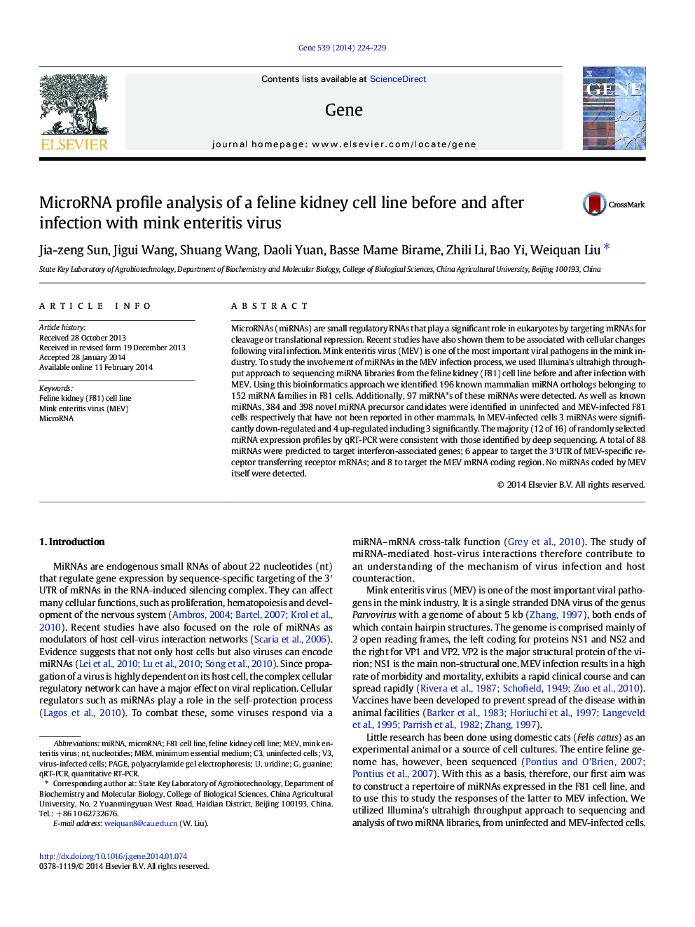 MicroRNA profile analysis of a feline kidney cell line before and after infection with mink enteritis virus