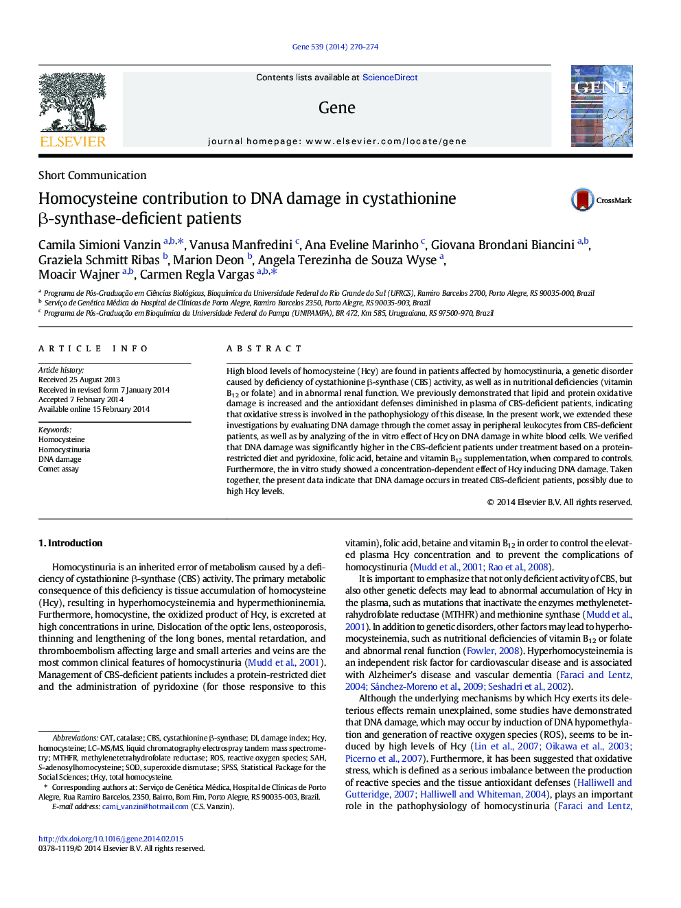 Homocysteine contribution to DNA damage in cystathionine β-synthase-deficient patients