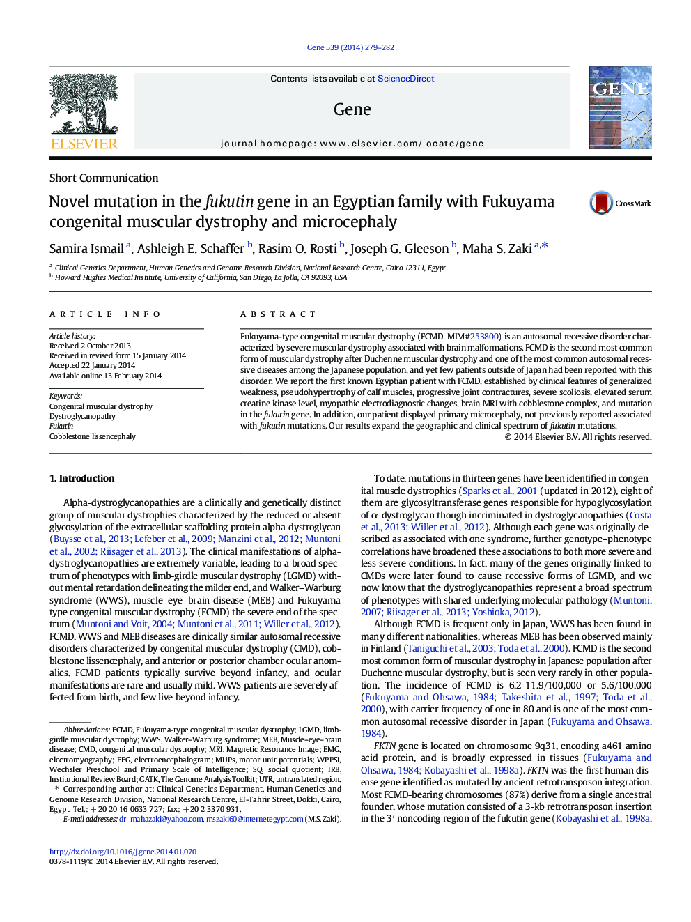 Novel mutation in the fukutin gene in an Egyptian family with Fukuyama congenital muscular dystrophy and microcephaly