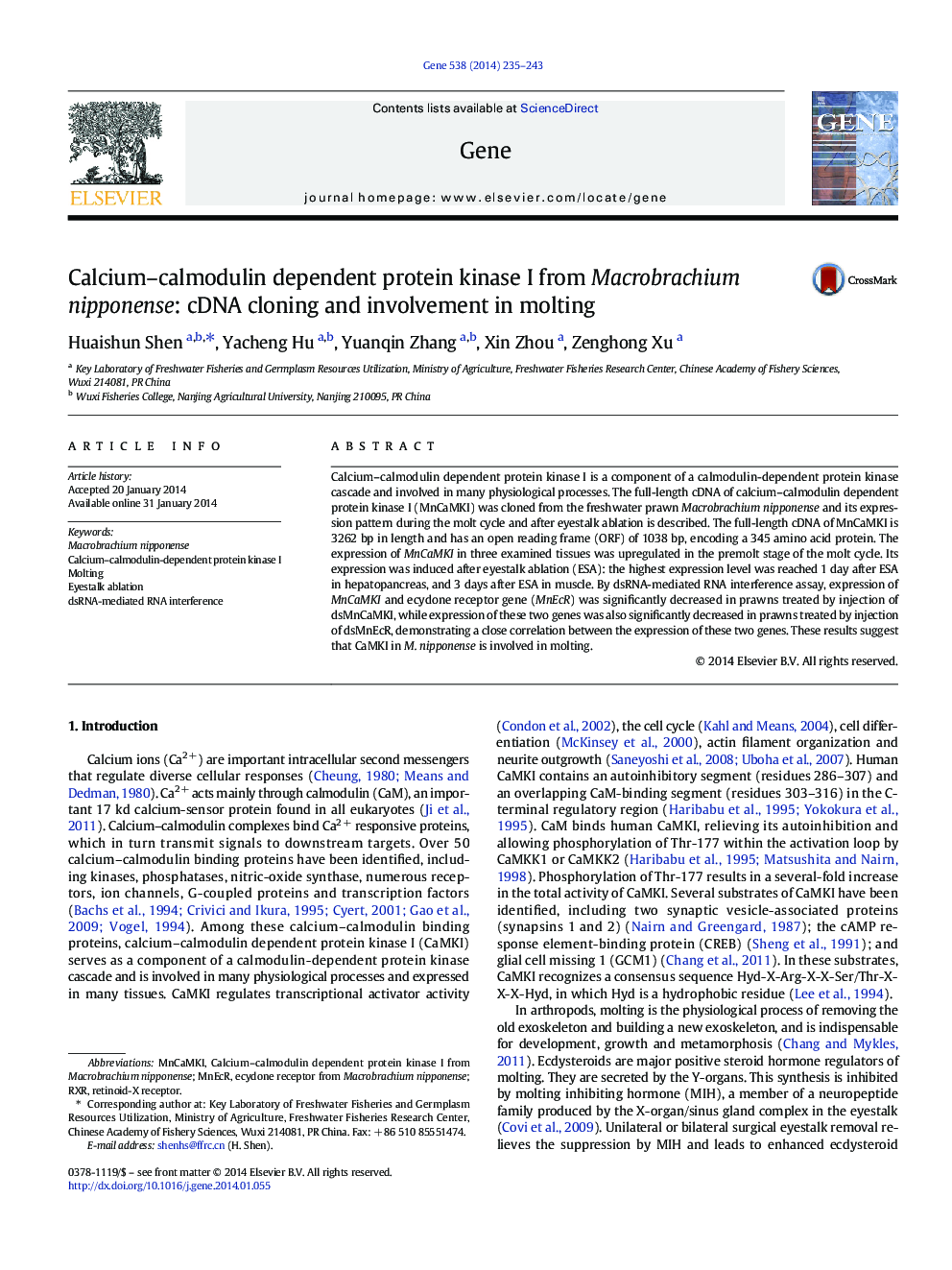 Calcium–calmodulin dependent protein kinase I from Macrobrachium nipponense: cDNA cloning and involvement in molting