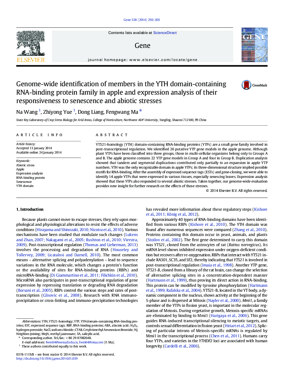 Genome-wide identification of members in the YTH domain-containing RNA-binding protein family in apple and expression analysis of their responsiveness to senescence and abiotic stresses