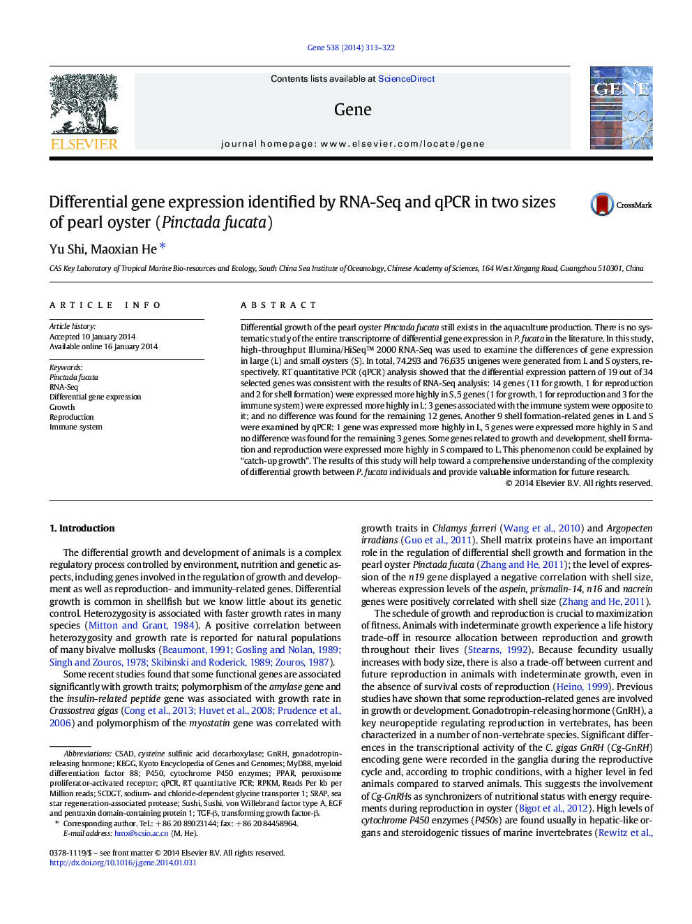 Differential gene expression identified by RNA-Seq and qPCR in two sizes of pearl oyster (Pinctada fucata)