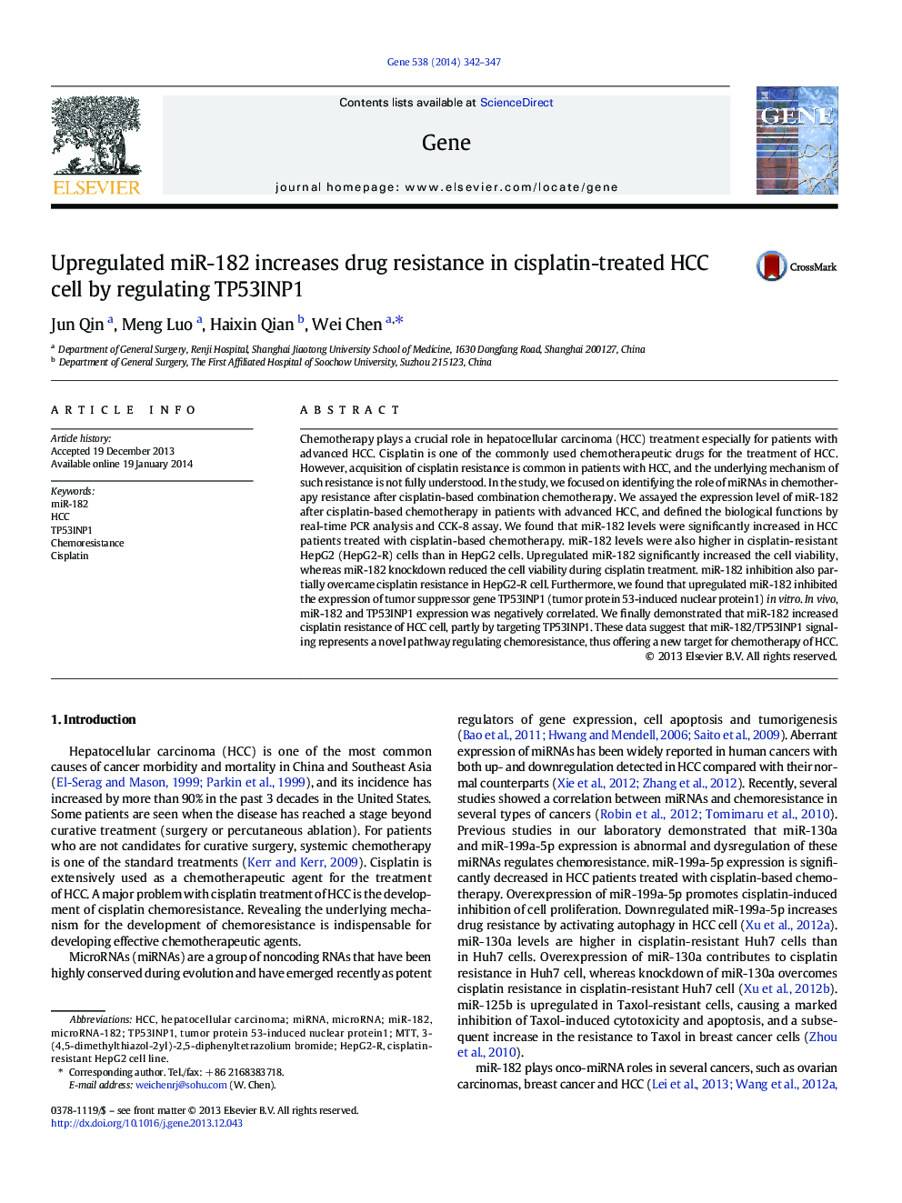 Upregulated miR-182 increases drug resistance in cisplatin-treated HCC cell by regulating TP53INP1