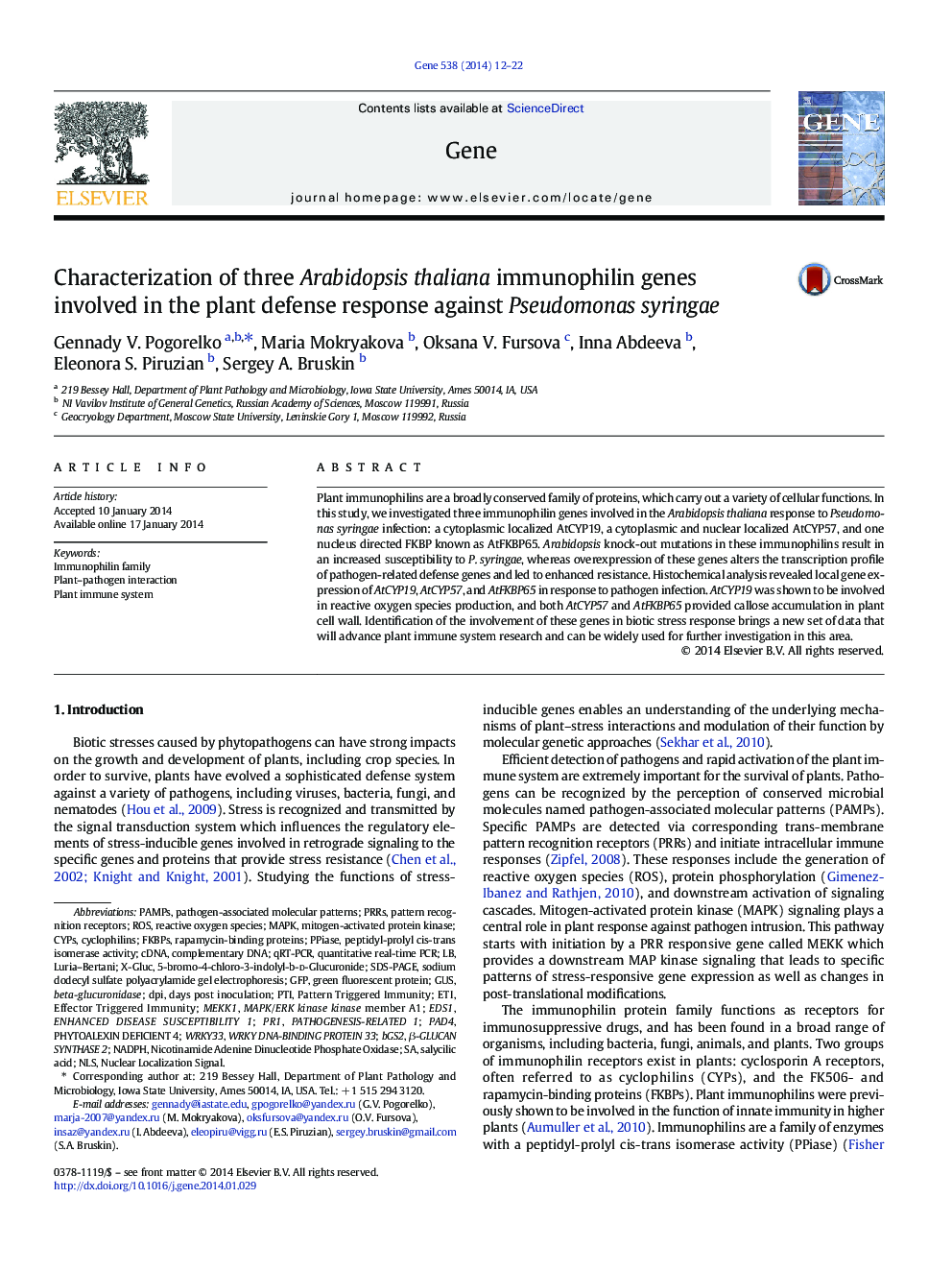 Characterization of three Arabidopsis thaliana immunophilin genes involved in the plant defense response against Pseudomonas syringae