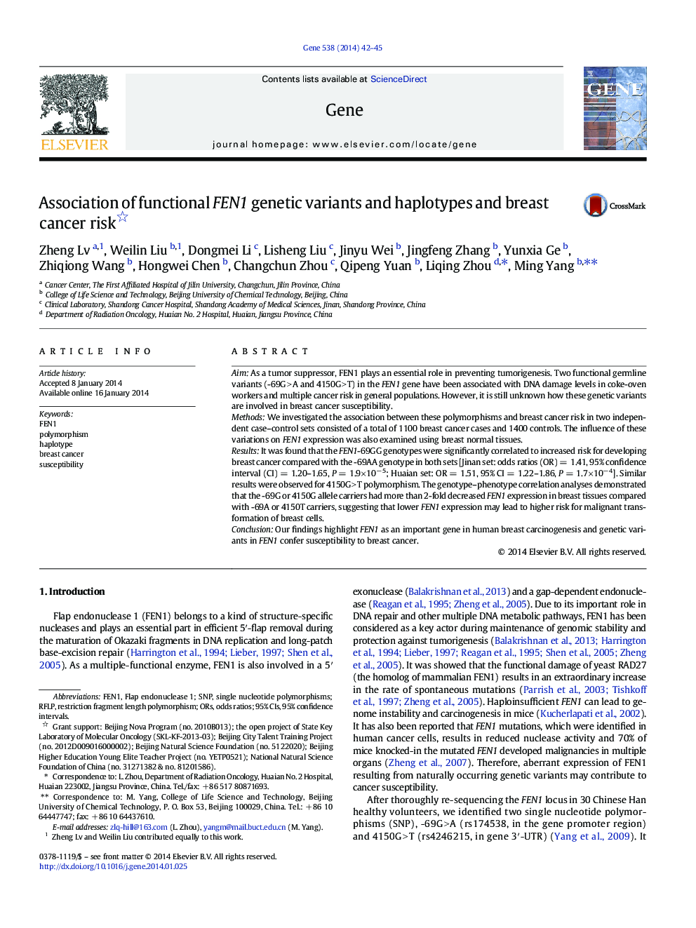 Association of functional FEN1 genetic variants and haplotypes and breast cancer risk 