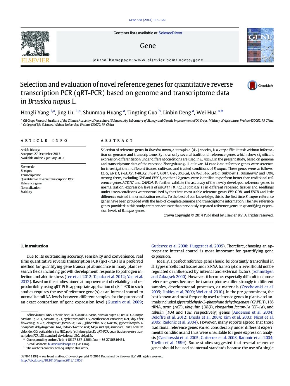 Selection and evaluation of novel reference genes for quantitative reverse transcription PCR (qRT-PCR) based on genome and transcriptome data in Brassica napus L.