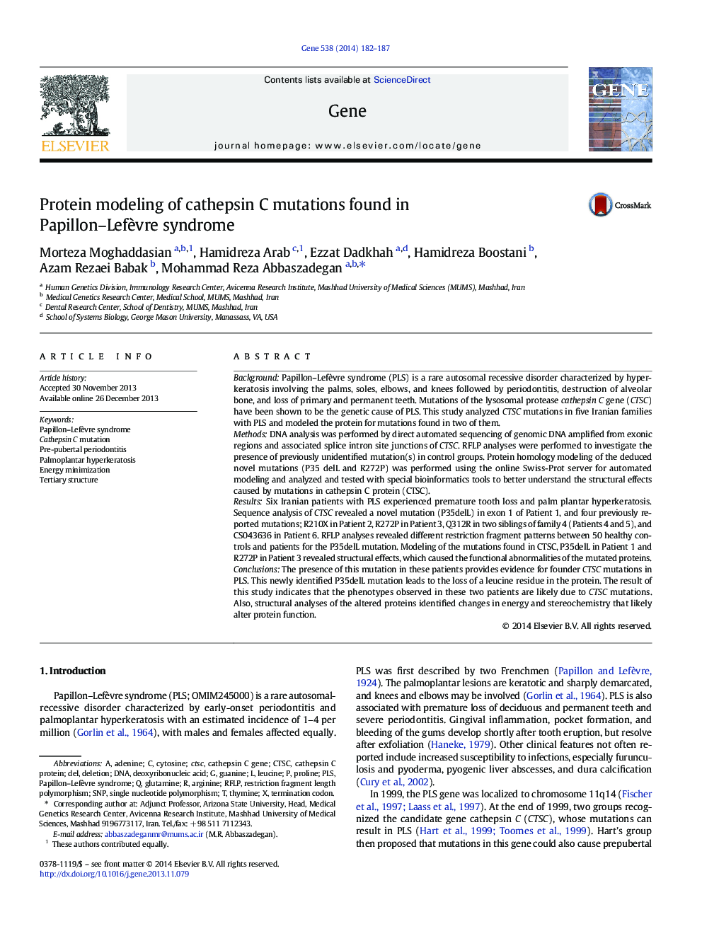 Protein modeling of cathepsin C mutations found in Papillon–Lefèvre syndrome